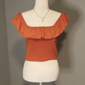 Monteau Orange Smocked Ruffled On or Off Shoulder Crop Top - Size XL